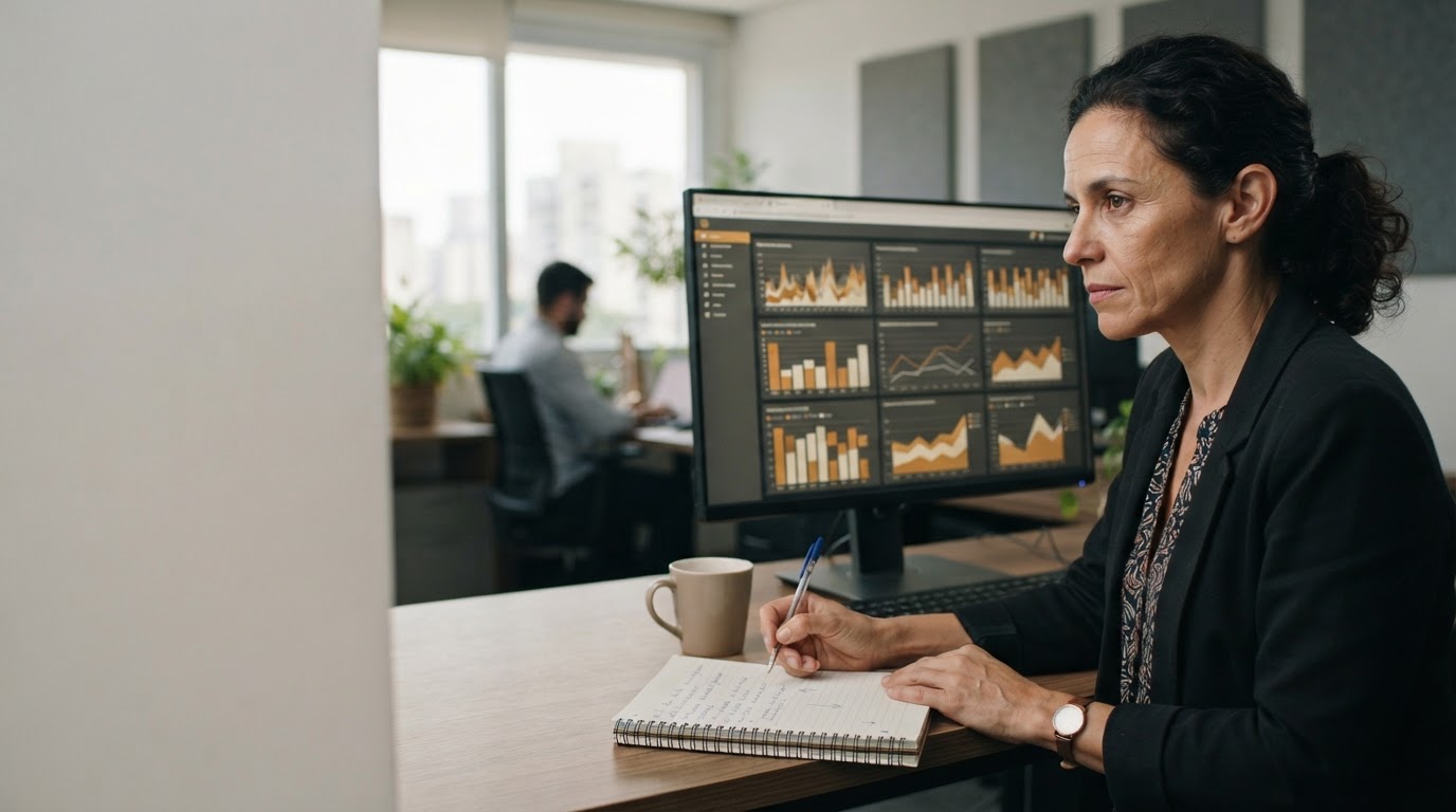 Gestora analisando indicadores operacionais em um ambiente de trabalho real