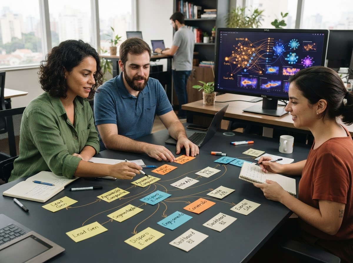 Equipe organizando processos e eventos de dados em uma mesa de trabalho real